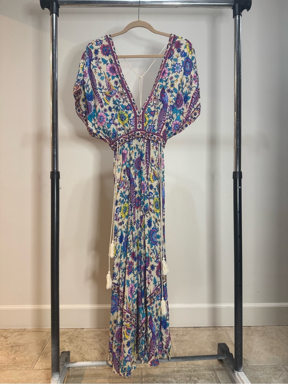 Boho Floral V-Neck Maxi Dress in Cream, Purple & Blue